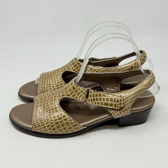SAS Suntimer Slingback Sandals Womens 9 S Slim Tan Gold Croc Print Hook Loop - Picture 2 of 16